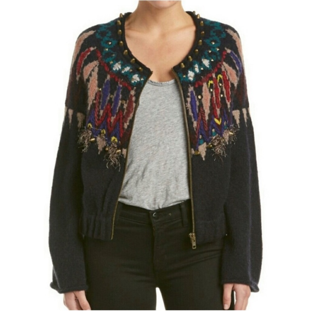 Free People Bell Sleeve Full Zip Cardigan Sweater Women’s Size Small Embellished
